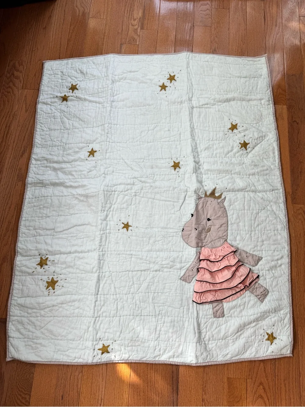 Land of Nod Royal Hippo Baby Quilt Blanket Princess Crown Pink Gold Stars 49x39